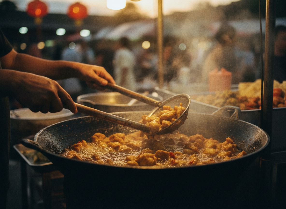 Ayam digoreng dalam kuali besar di gerai