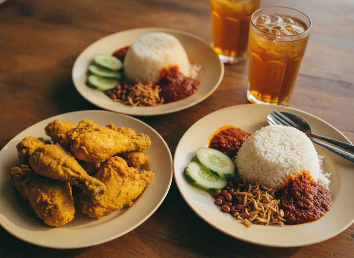 Hidangan ayam goreng, nasi lemak dan sambal