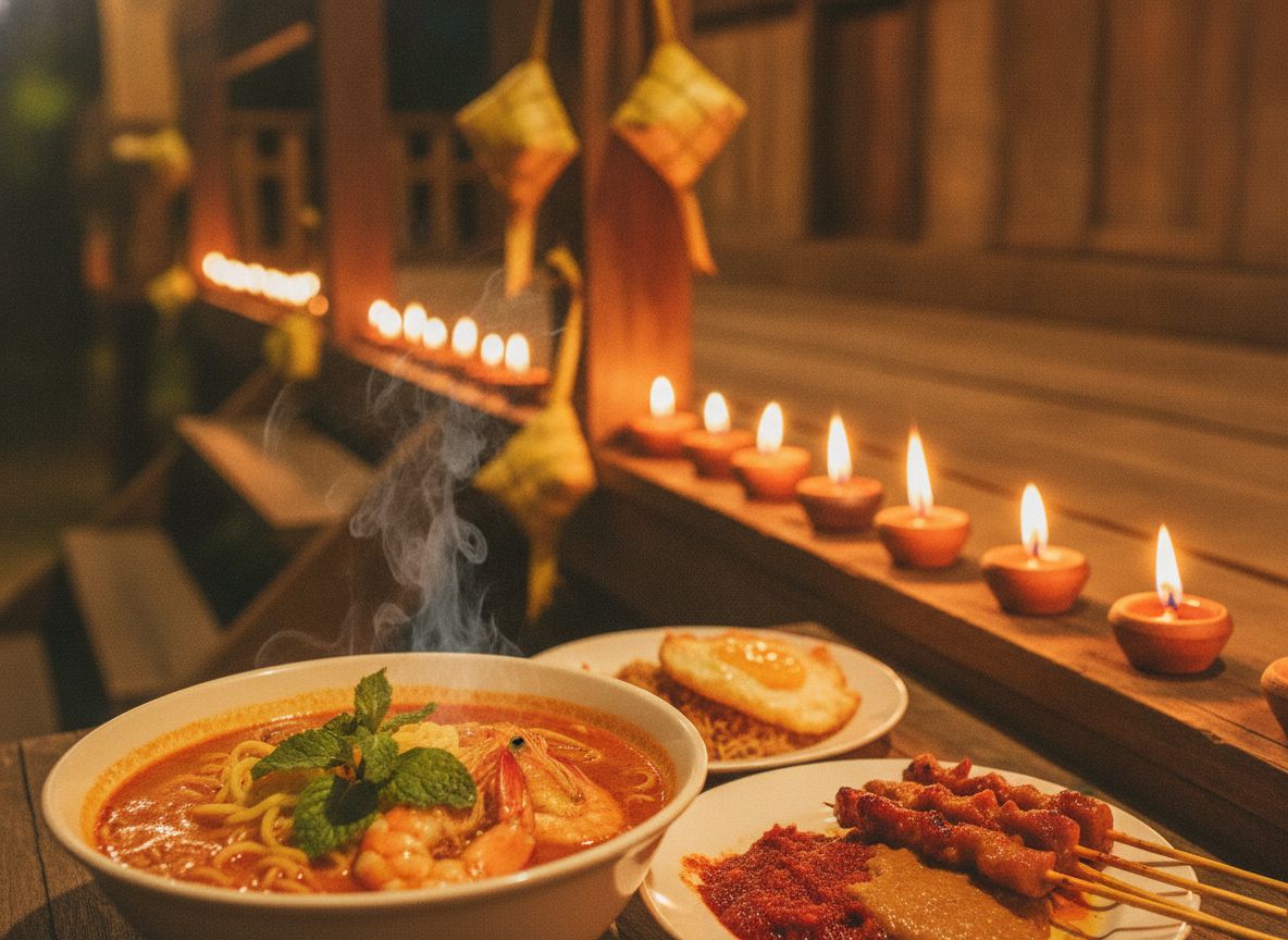 Pelita dan hiasan ketupat pada malam raya