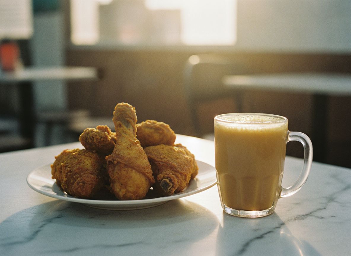 Teh tarik dan ayam goreng di meja kedai