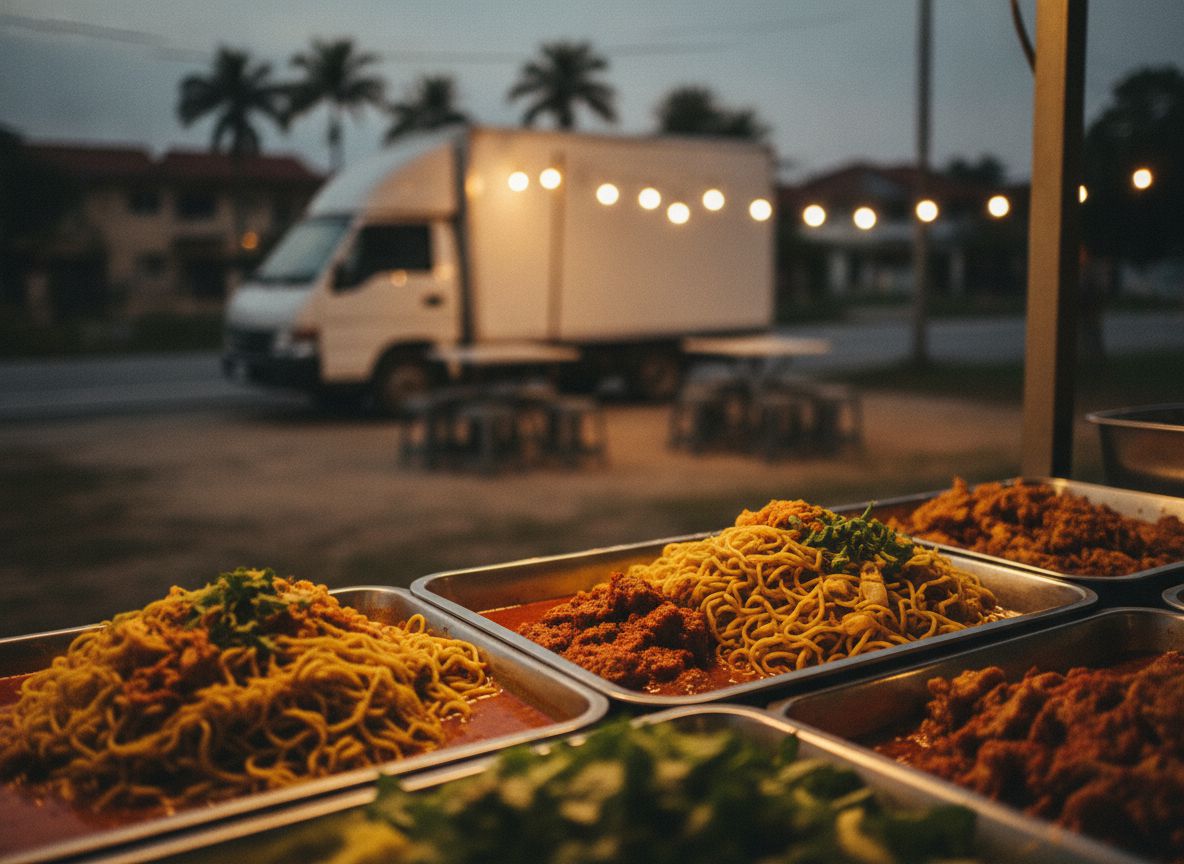 Trak makanan di tepi jalan pada waktu senja